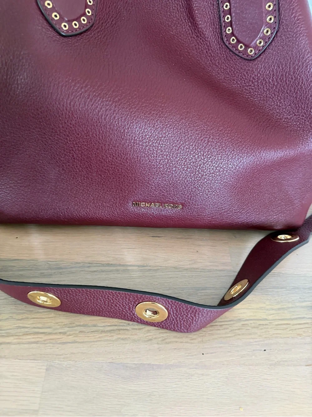 Michael Kors Brooklyn Wine Pebbled Leather Shoulder Bag with Gold Hardware